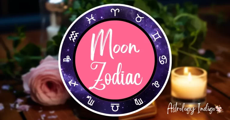 An image of the Zodiac signs in a circle around the words Moon Zodiac sits in front of a desk with flowers and candles