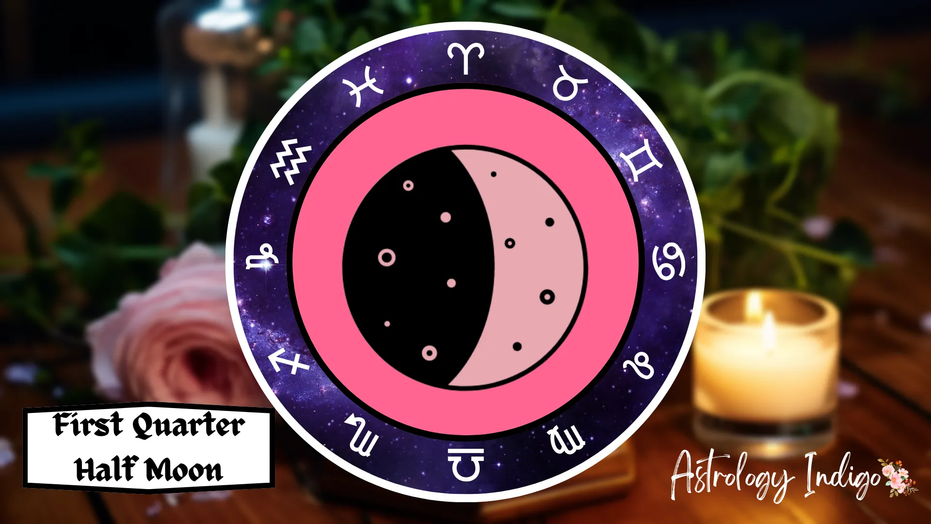 A symbol of a First Quarter Half Moon is surrounded by the Zodiac signs on a table with flowers and candles