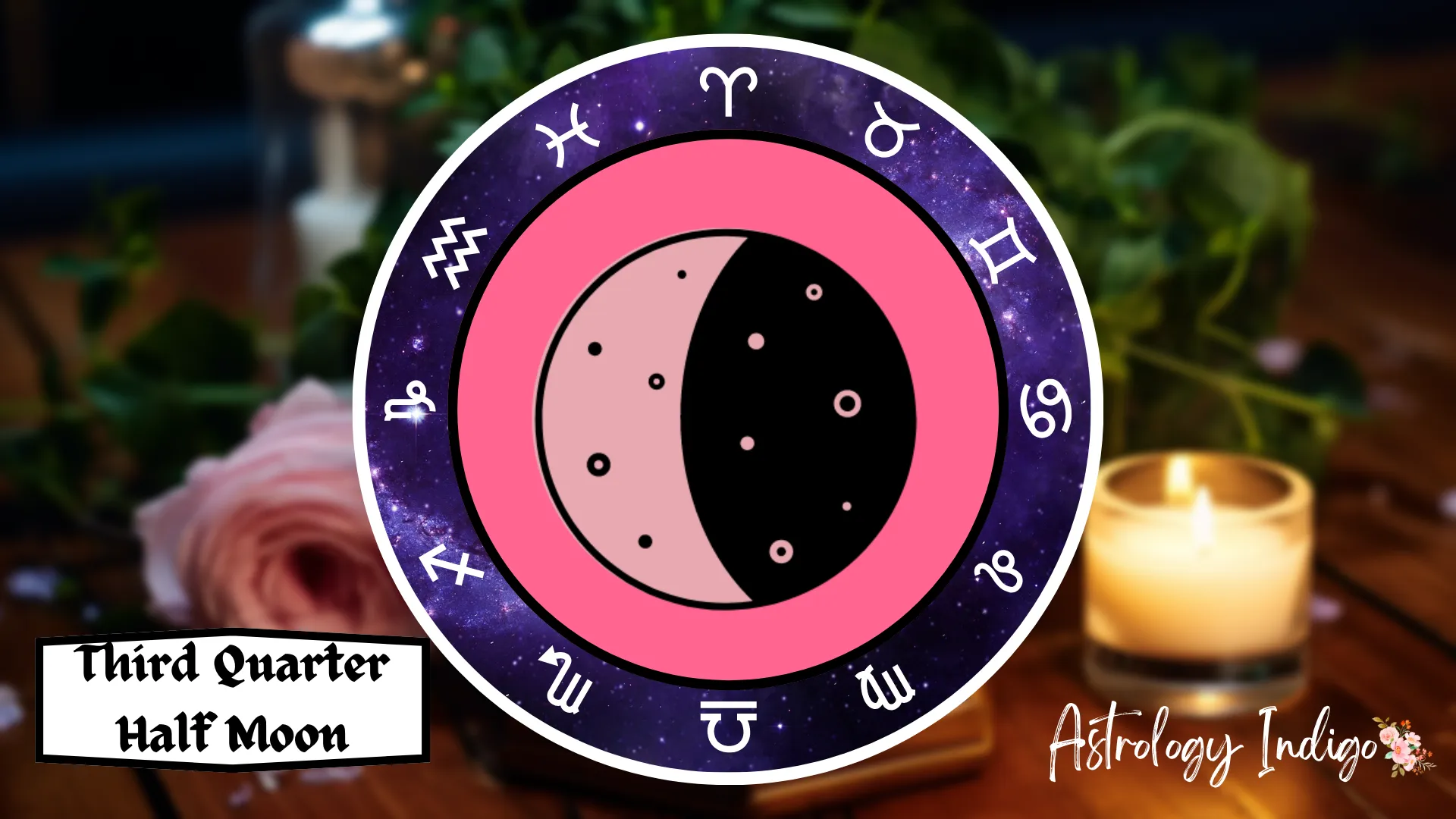 A symbol of a Third Quarter Half Moon is surrounded by the Zodiac signs on a table with flowers and candles