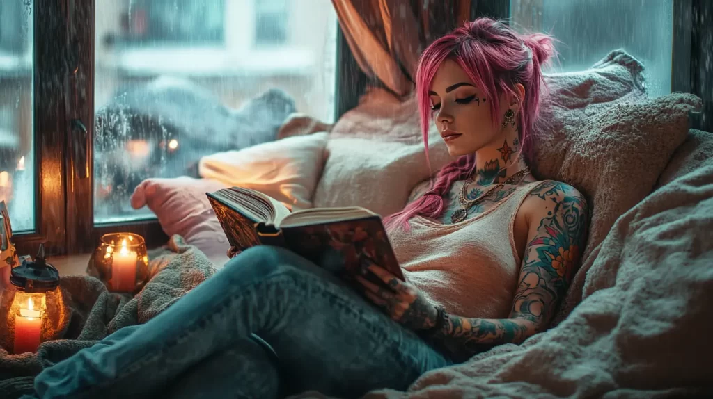 A cozy, artistic setting featuring a woman with pink hair, tattoos, and layered jewelry, reading a book by a rain-covered window with candlelight. Perfect for Top 10 Gift Ideas for Pisces in 2025.