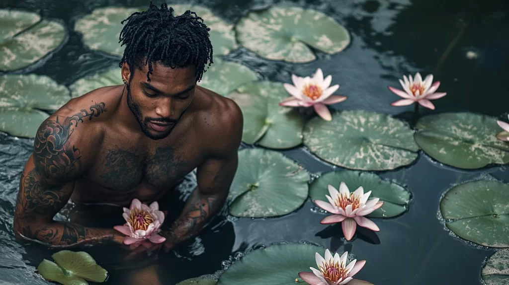 A serene, tattooed man in water surrounded by lily pads, holding a lotus flower—perfect for Top 10 Gift Ideas for Pisces Men in 2025, reflecting their dreamy nature.