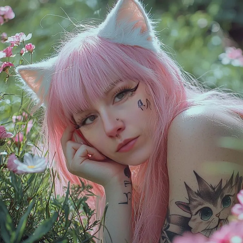 Sadie Mars lays in a field of grass, she has pink hair and white cat hears on her head. She is an author of Astrology Indigo.