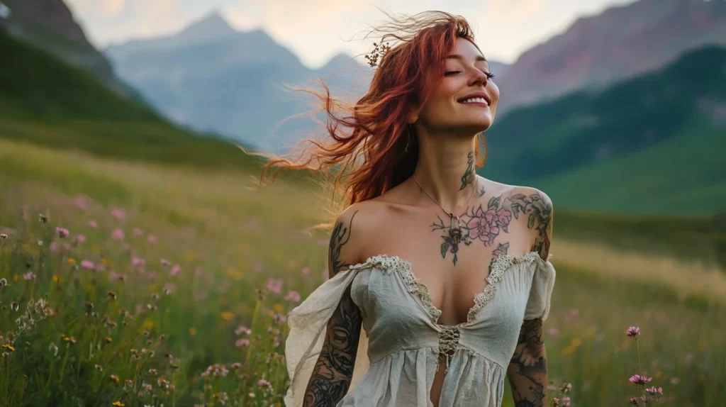 Image of a woman with red hair and tattoos standing in a field of wildflowers, wearing a white off-shoulder dress, with mountains in the background