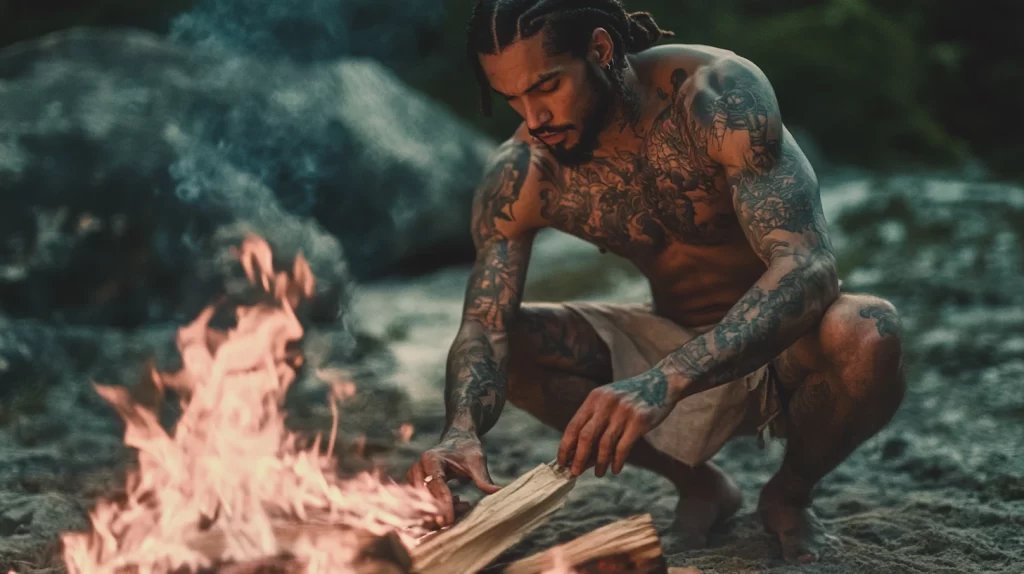 Top 10 Gift Ideas for Aries Men in 2025 A tattooed man with dreadlocks crouching and tending a campfire in a natural setting with rocks and greenery