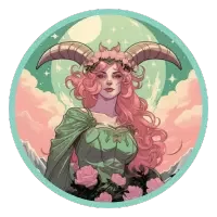 Illustration of an Aries with ram horns, pink hair, and a green outfit surrounded by roses.