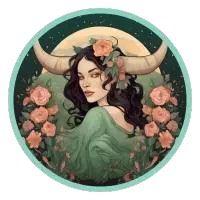 Illustration of a Taurus with large horns, dark hair, and a green outfit surrounded by roses.