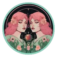 Illustration of a Gemini with two mirrored figures, pink hair, and a floral design.