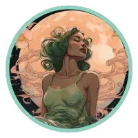 Illustration of a Cancer with flowing green hair and a celestial background.