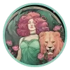 A Leo woman in a green dress floats with a roaring lion in space