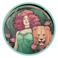 Illustration of a Leo with flowing pink hair, a lion, and floral accents.