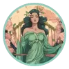 Illustration of a Libra with flowing hair, a green dress, and a balanced, ethereal background.