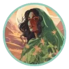 A Scorpio woman walks through the desert wearing a green robe in front of the setting sun.