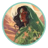 Illustration of a Scorpio with dark flowing hair, a green cloak, and a celestial background.