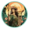 Illustration of a Sagittarius with flowing hair, a floral crown, a staff, and a deer in a vibrant background.