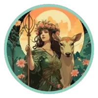 Illustration of a Sagittarius with flowing hair, a floral crown, a staff, and a deer in a vibrant background.