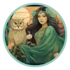 Illustration of an Aquarius with long dark hair, a flowing green outfit, and an owl in a serene background.