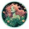 Illustration of a Pisces with flowing pink hair, a green dress, and a watery, starry background.