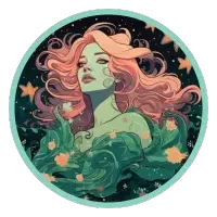 Illustration of a Pisces with flowing pink hair, a green dress, and a watery, starry background.